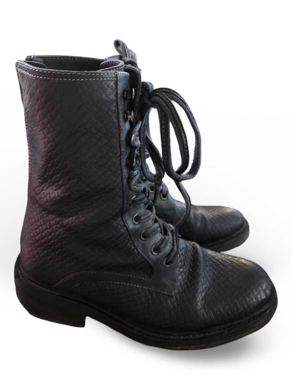 Free People Santa Fe Lace Up Boots Black Leather Quilted Combat Moto Back Zip 39